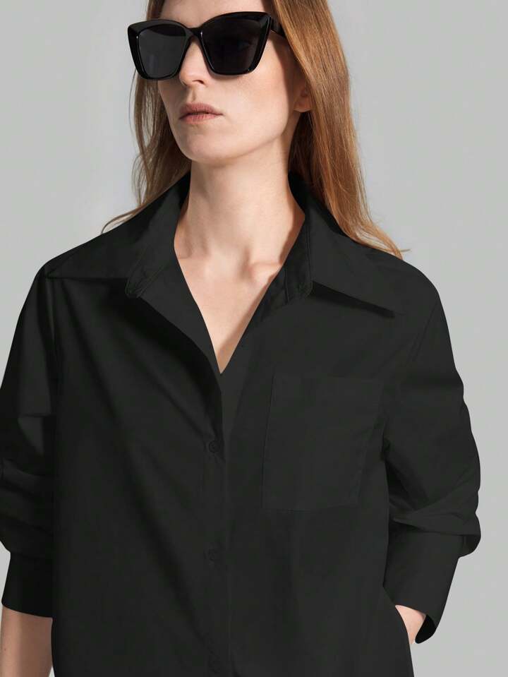 CM-TS855315 Women Casual Seoul Style Shirt Collar Long Sleeve Front Button High Slit Long Shirt - Black
