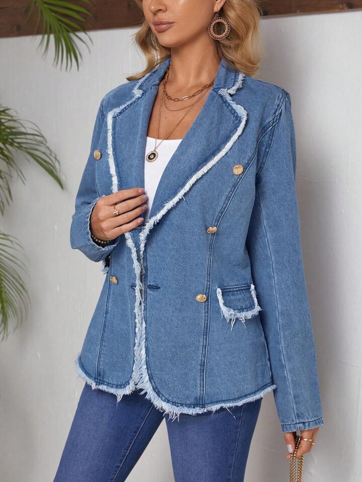 CM-CS204369 Women Casual Seoul Style Lapel Collar Frayed Edge Denim Jacket - Blue