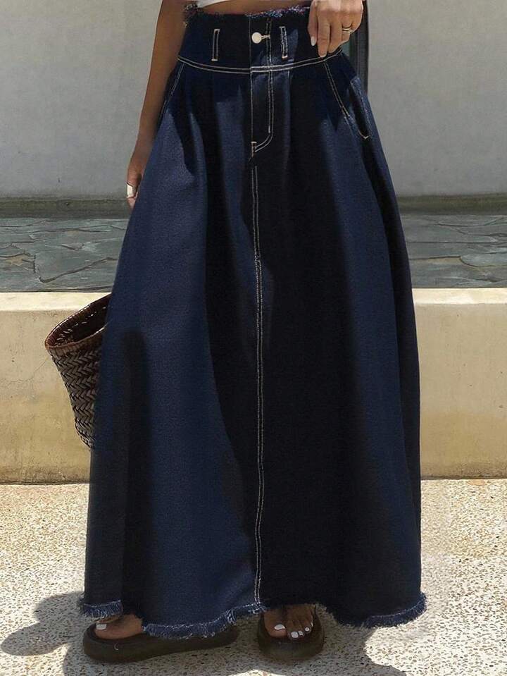 CM-BS395771 Women Casual Seoul Style Dark Wash Mid Waist Loose Distressed Raw Hem Denim Skirt