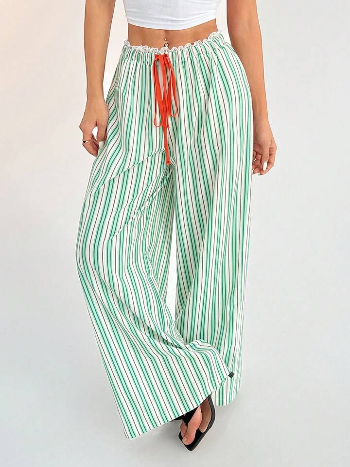 CM-BS773467 Women Casual Seoul Style Striped Mid-Rise Loose Wide-Leg Trousers - Green