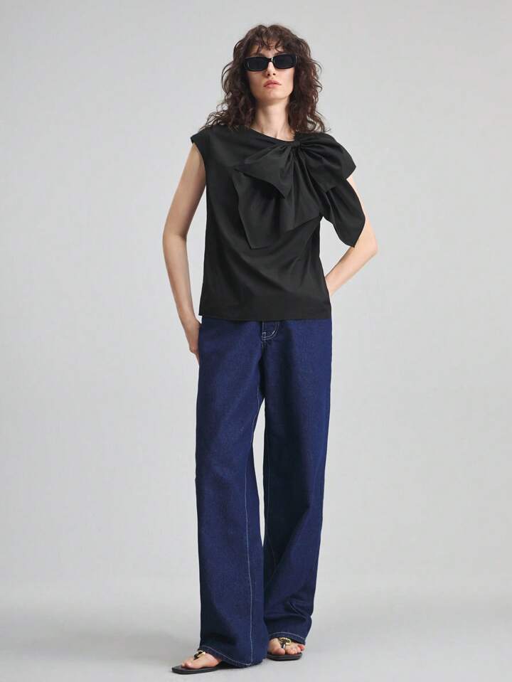 CM-TS225775 Women Casual Seoul Style Round Neck Batwing Sleeve Bow Decor Blouse - Black