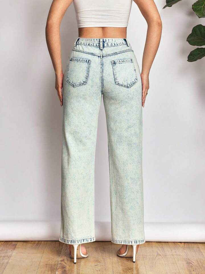 CM-BS445403 Women Casual Seoul Style Light Wash High Waist Distressed Straight Leg Jeans