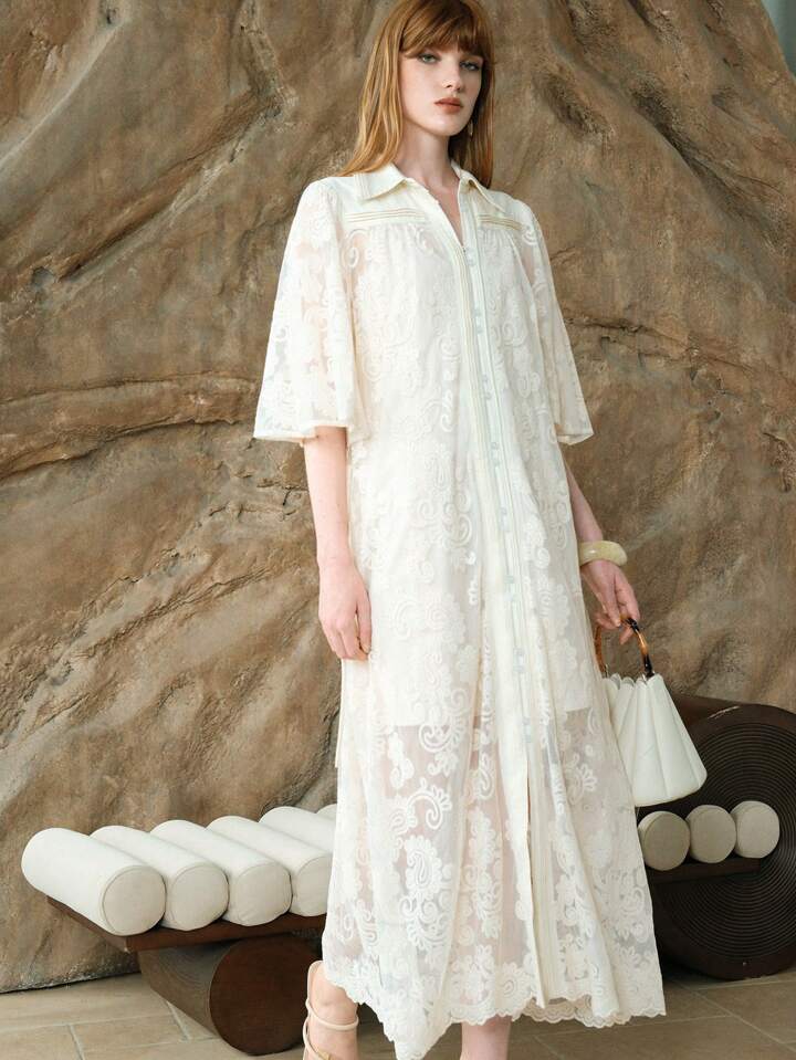 CM-DS317369 Women Trendy Bohemian Style Floral Jacquard Collar Neckline Half Sleeve High Waist Shirt Dress
