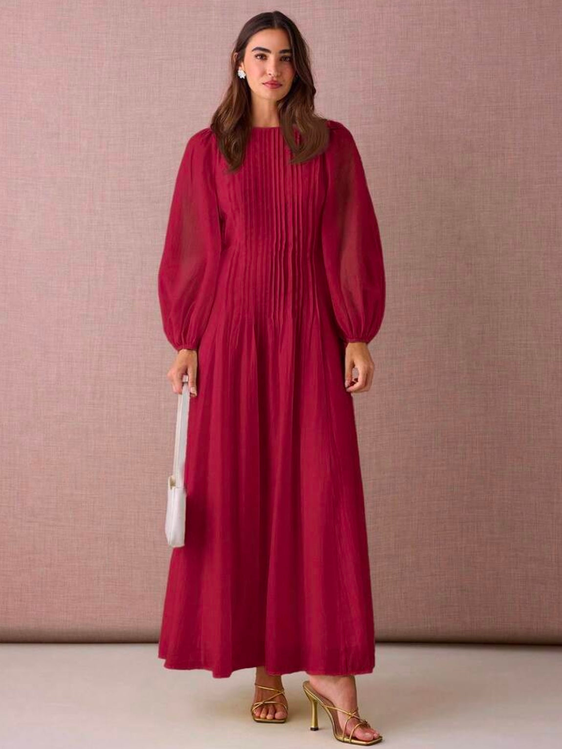 CM-DS919801 Women Elegant Seoul Style Round Neck Lantern Sleeve Pleated Design A-Line Maxi Dress - Burgundy