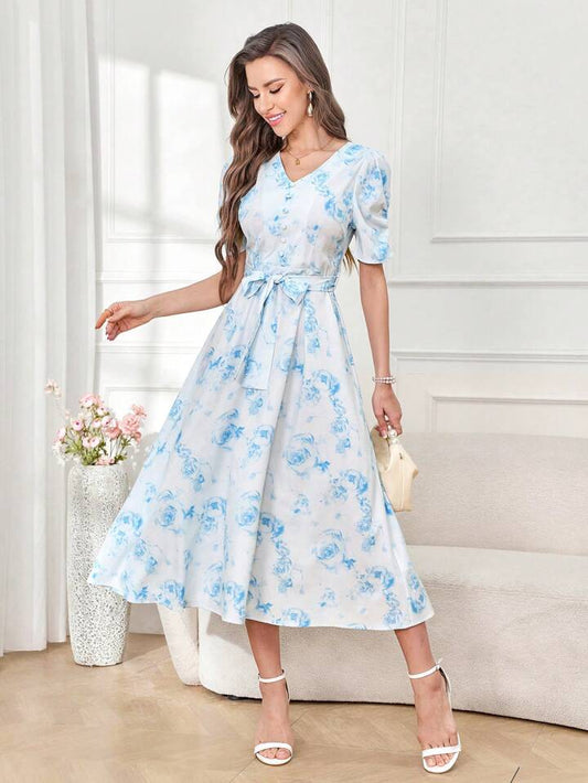 CM-DS338899 Women Trendy Bohemian Style Floral Print V-Neck Puff Sleeve Belted Dress - Blue