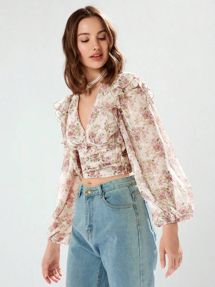 CM-TS226445 Women Casual Seoul Style Floral Print Deep V-Neck Ruffle Trim Long Sleeve Shirt