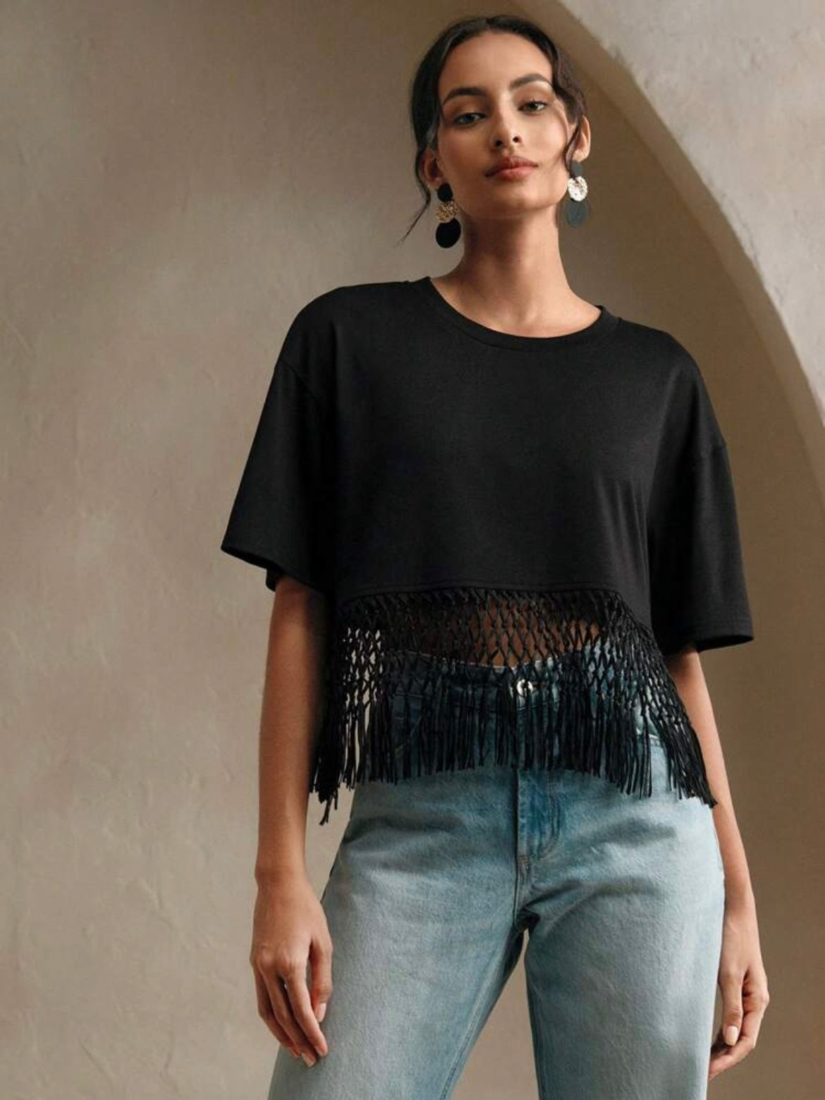 CM-TS048023 Women Trendy Bohemian Style Round Neck Short Sleeve Braided Tassel Patchwork T-Shirt