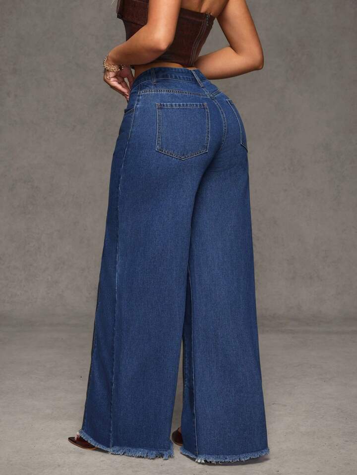 CM-BS131008 Women Casual Seoul Style Zipper Pocket Loose Wide Leg Jeans - Blue