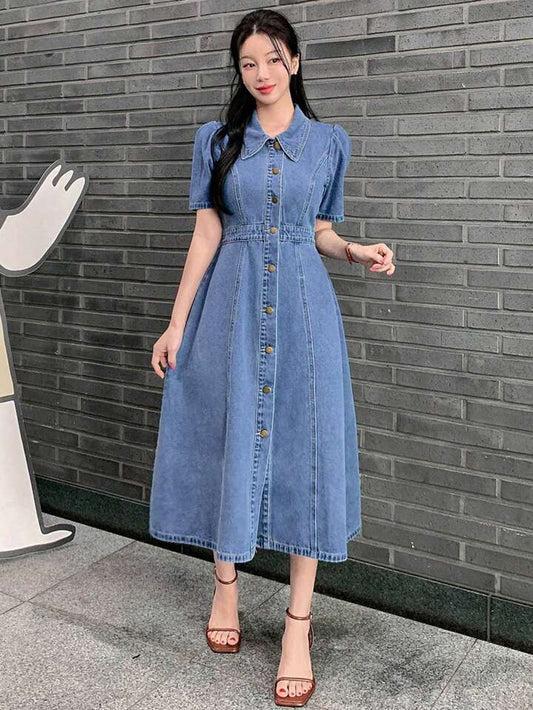 CM-DS280478 Women Casual Seoul Style Medium Wash Shirt Collar Riveted Puff Sleeve Denim Dress