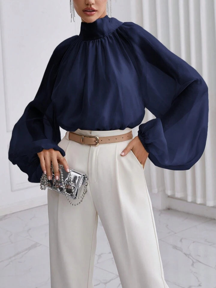 CM-TS940136 Women Elegant Seoul Style High Neck Lantern Sleeve Shirt - Navy Blue