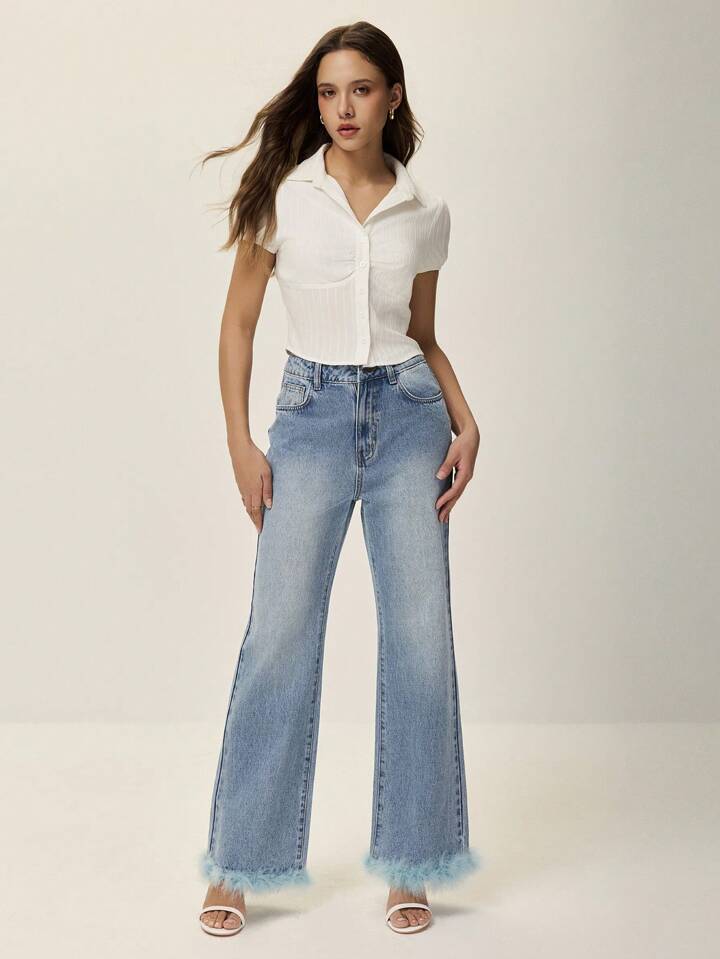 CM-BS588115 Women Casual Seoul Style Medium Wash Fluffy Patchwork Loose Flare Leg Jeans