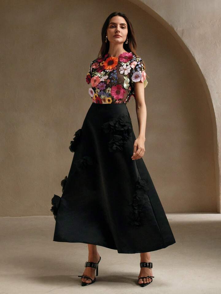 CM-TS496694 Women Elegant Seoul Style Round Neck Flounce Sleeve Embroidery Floral Applique Blouse - Black