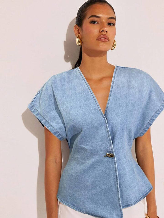 CM-TS516556 Women Casual Seoul Style Single-Button V-Neck Batwing Sleeve Denim Blouse - Baby Blue