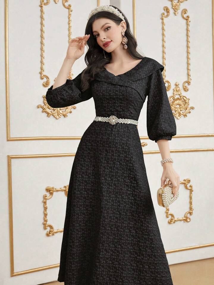 CM-DS988448 Women Elegant SeouL Style V-neck 3/4 Lantern Sleeve A-Line Dress - Black
