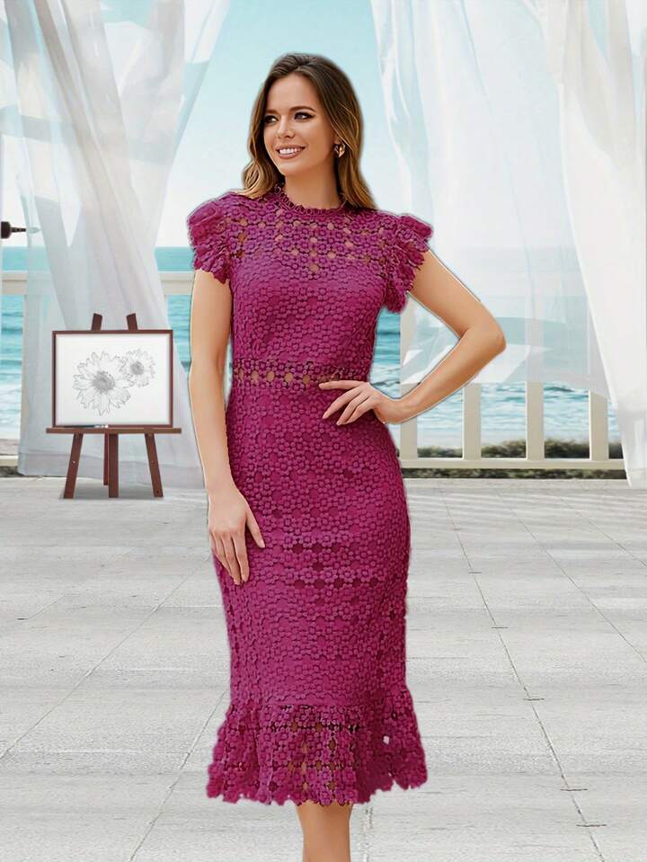 CM-DS104521 Women Elegant Seoul Style Round Neck Short Sleeve Ruffle Hem Dress