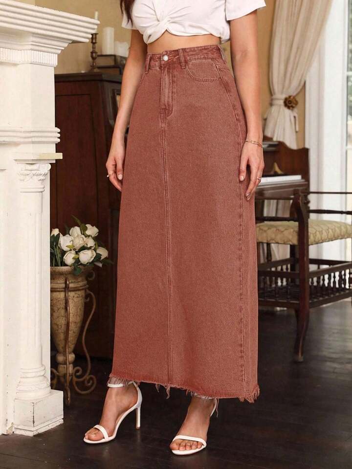 CM-BS539705 Women Elegant Seoul Style High Waisted Pocketed Frayed Hem Denim Skirt - Coffee Brown