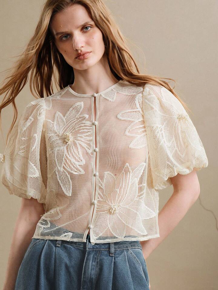 CM-TS586778 Women Elegant Seoul Style Lace Hollow Petal Sleeve Floral Design Blouse - Apricot