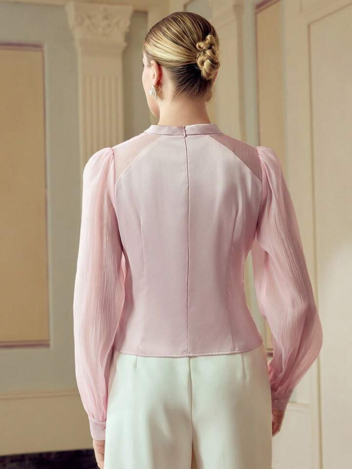 CM-TS936916 Women Elegant Seoul Style Solid Color Stand Collar 3D Floral Ruffle Trim Long Sleeve Blouse - Pink