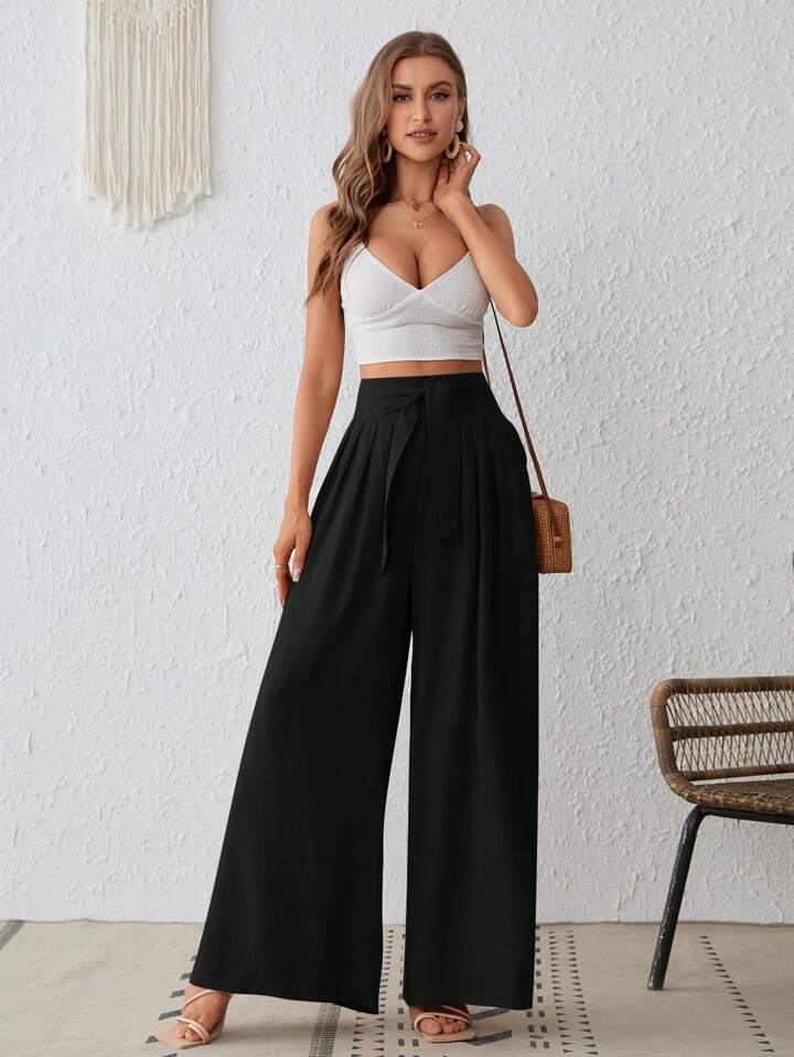 CM-BS134677 Women Trendy Bohemian Style Pleated Woven Wide-Leg Pants - Black