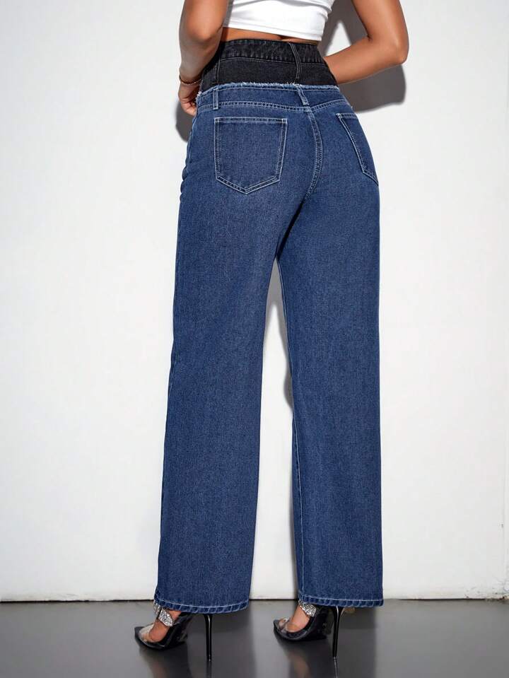 CM-BS041799 Women Casual Seoul Style Color-Blocking High Waisted Straight Leg Jeans - Blue