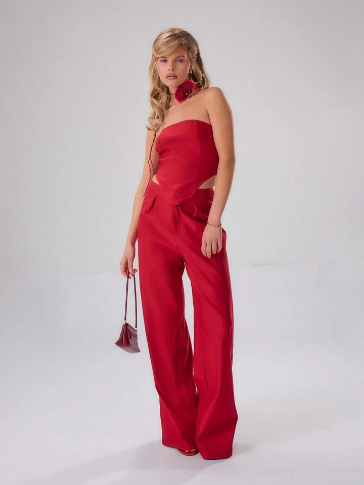 CM-BS151423 Women Elegant Seoul Style Solid Color Pleated Wide Leg Pants - Red