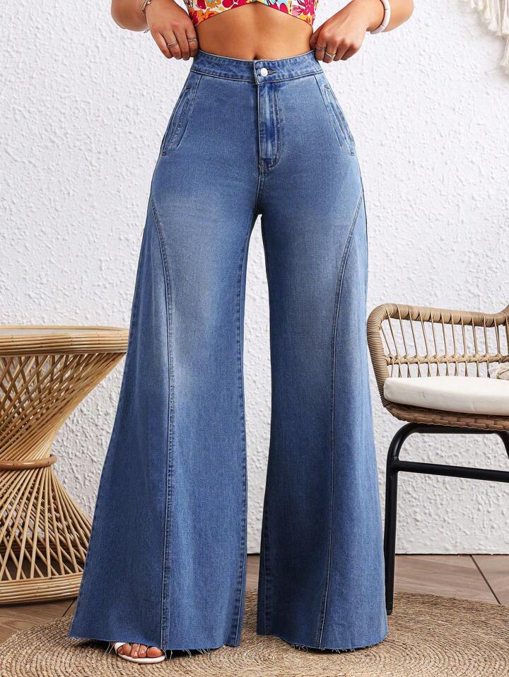 CM-BS226495 Women Casual Seoul Style Medium Wash Loose Button Zipper Mom Fit Wide Leg Denim Pants