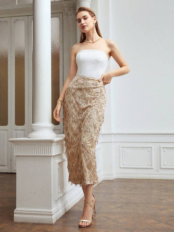 CM-BS966127 Women Elegant Seoul Style Premium Sequin Fringe Midi Skirt - Khaki