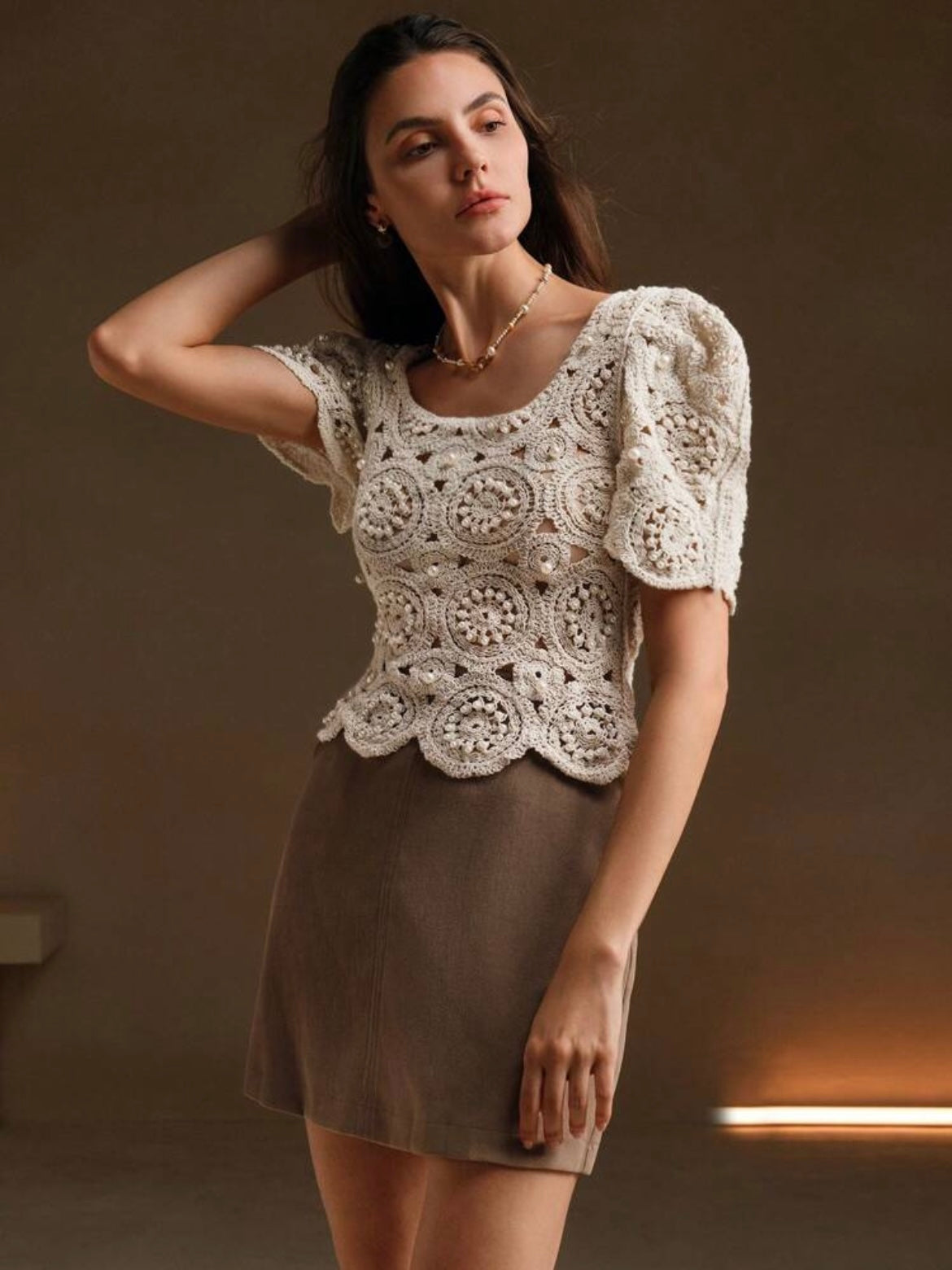 CM-TS880790 Women Casual Seoul Style Crochet Hollow-Out Balloon Sleeve Beaded T-Shirt - Apricot