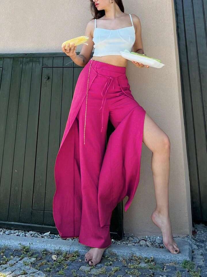 CM-BS148745 Women Trendy Bohemian Style High Silt Straight Leg Pants - Hot Pink