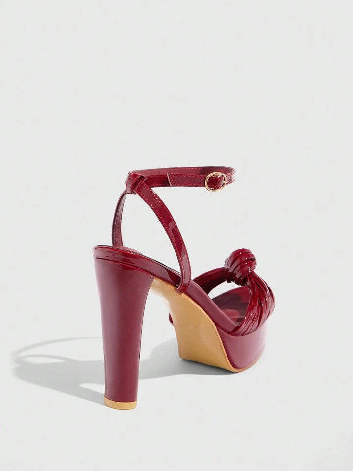 CM-SHS717609 Women Trendy Seoul Style Round Toe Chunky Knotted Detail High Heel Sandals - Burgundy