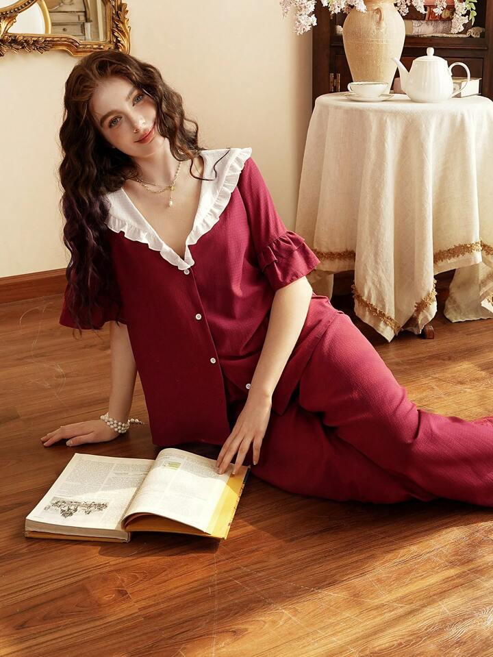 CM-LS043240 Women Trendy Seoul Style Peter Pan Collar Colorblock Ruffled Trim Pajama Set - Burgundy