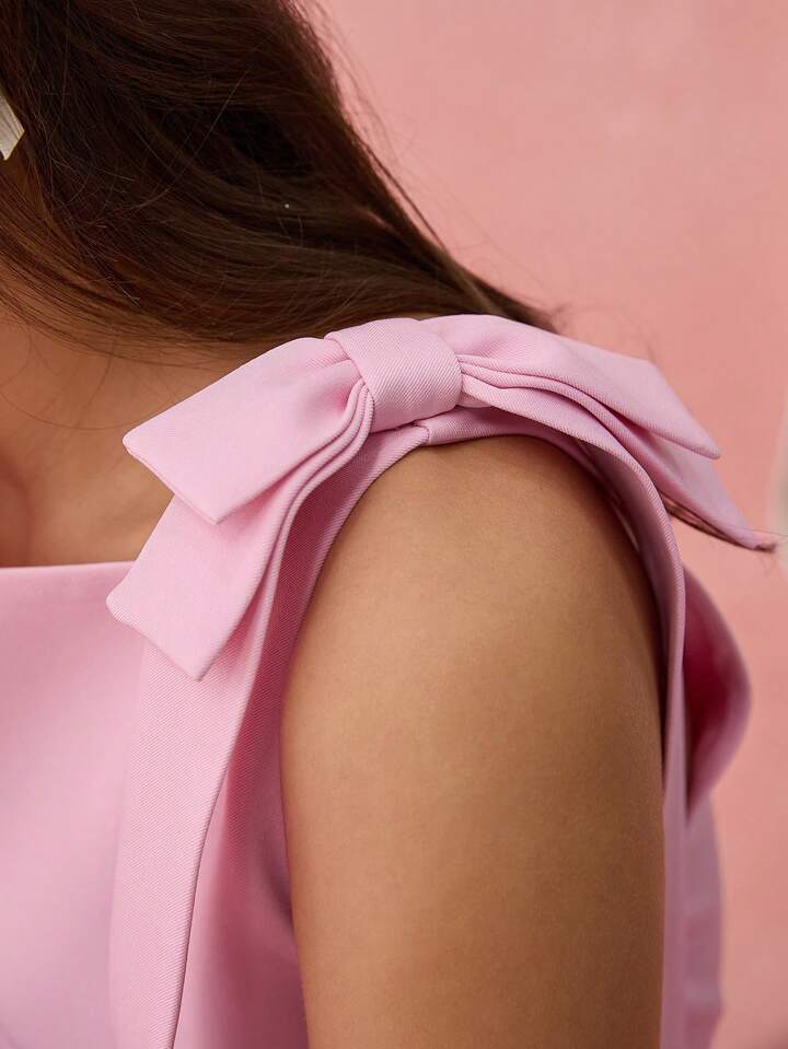 CM-DS892939 Women Elegant Seoul Style Bowknot Asymmetrical Neck Sleeveless Mini Dress - Pink