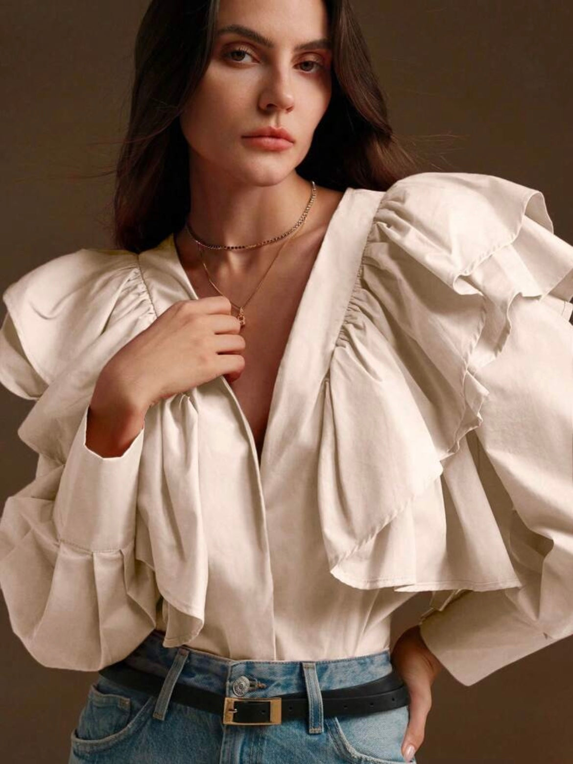 CM-TS770671 Women Elegant Seoul Style Exaggerated Ruffle V-Neck Long Sleeve Blouse - Khaki