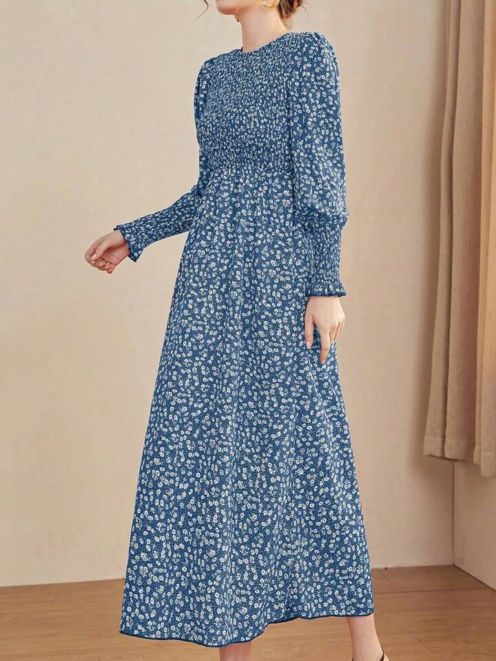 CM-DS548974 Women Casual Seoul Style Floral Wrap Around Round Neck Long Sleeve Dress