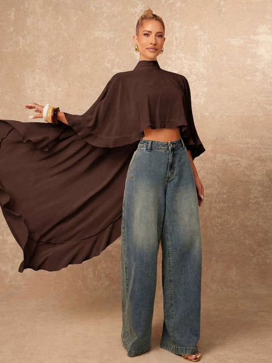 CM-TS104645 Women Casual Seoul Style Asymmetric Ruffle Hem Loose Collar Shawl Blouse - Brown