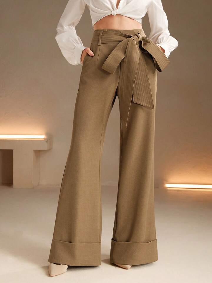 CM-BS011306 Women Elegant Seoul Style High Waist Belted Wide Leg Pants - Khaki