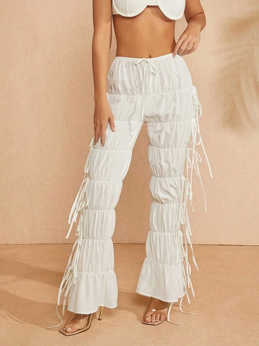 CM-BS547994 Women Casual Seoul Style Ruched Drawstring Waist Tiered Pants - White