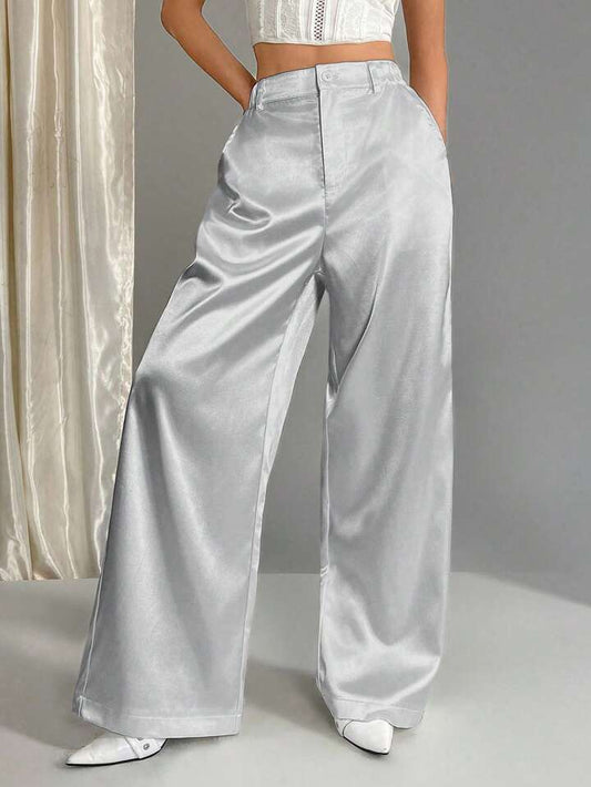 CM-BS678641 Women Casual Seoul Style Satin Elastic Waist Wide Leg Palazzo Pants - Light Gray