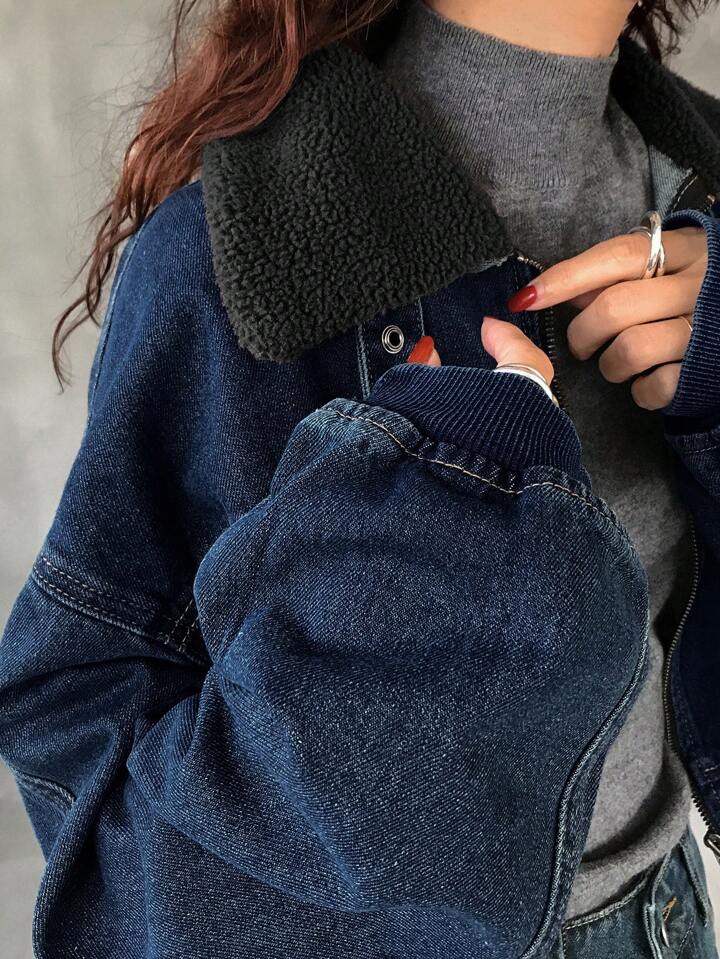 CM-CS538908 Women Casual Seoul Style Long Sleeve Loose Hem Crop Denim Jacket With Furry Collar - Blue