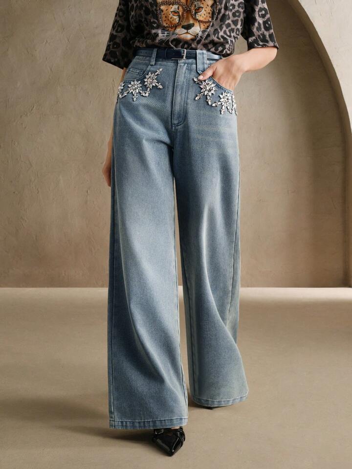 CM-BS111812 Women Casual Seoul Style Light Wash Distressed Rhinestone Embellished Belt Loop Denim Jeans