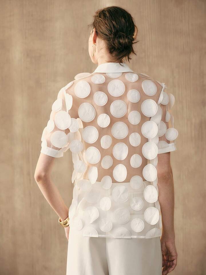 CM-TS247602 Women Elegant Seoul Style Mesh Floral Cutout Sheer Collar Neckline Short Sleeve Blouse - White