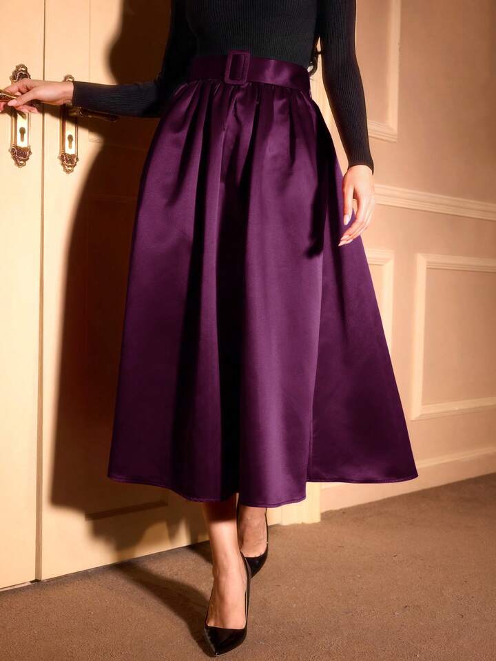 CM-BS562519 Women Elegant Seoul Style Ultra High Waist Satin Flared Hem A-Line Skirt - Purple