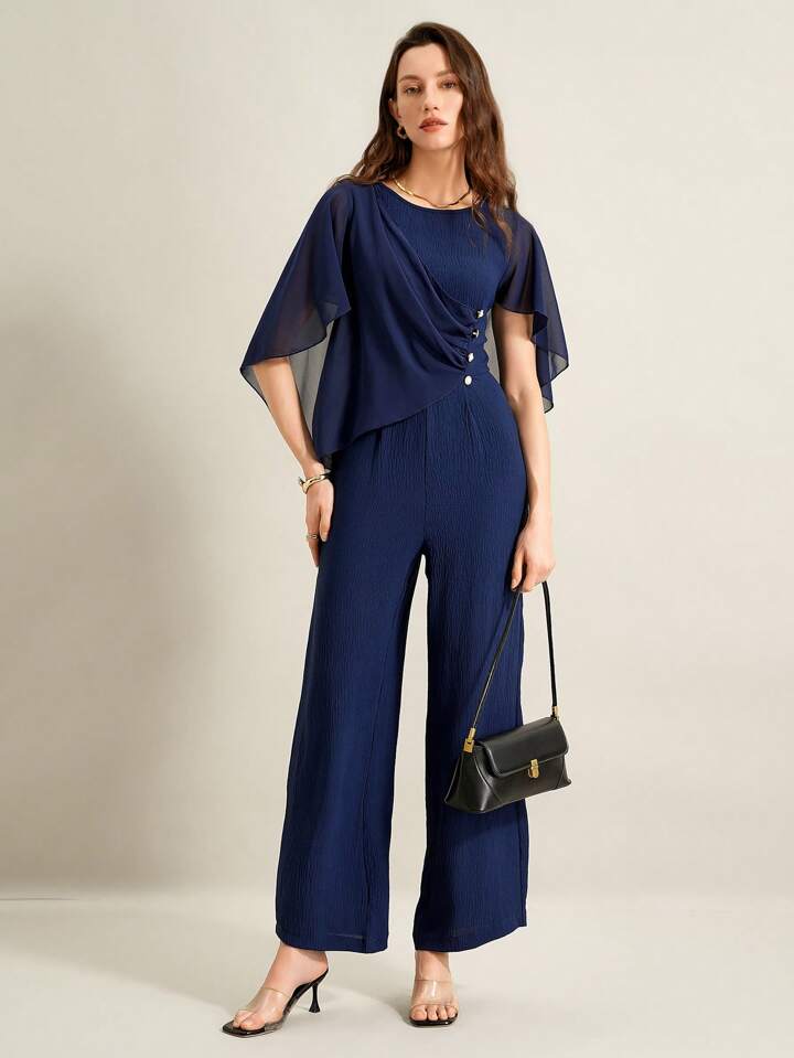 CM-JS259882 Women Elegant Seoul Style Round Neck Cloak Sleeve Chiffon Jumpsuit - Navy Blue