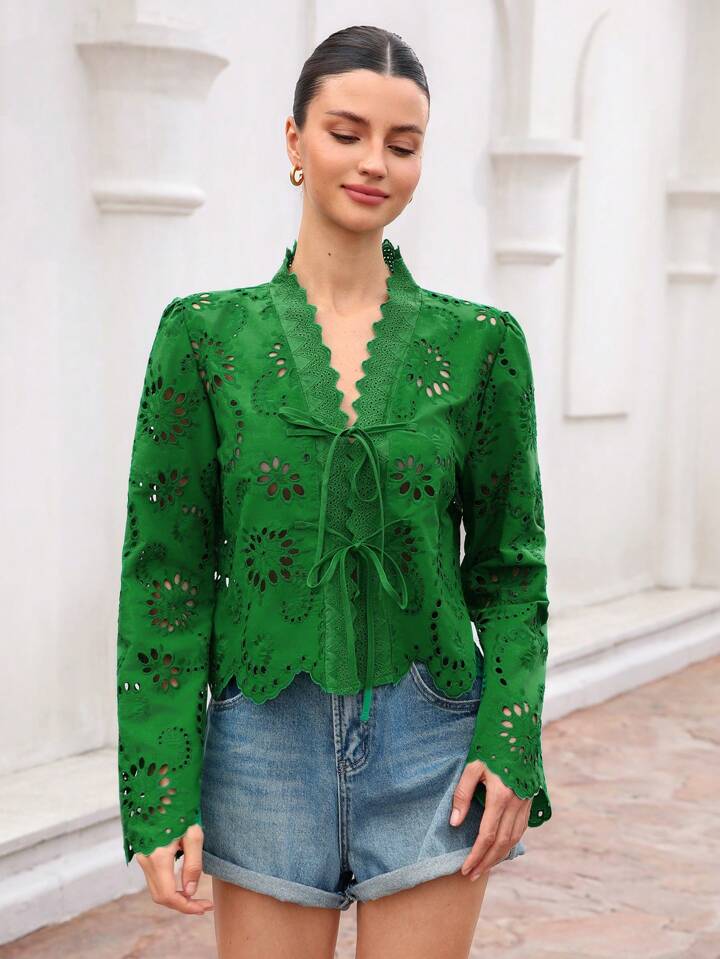 CM-TS773273 Women Trendy Bohemian Style Bowknot Tie Frayed Hem Embroidered Loose Long Sleeve Blouse - Green