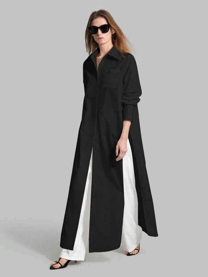 CM-TS855315 Women Casual Seoul Style Shirt Collar Long Sleeve Front Button High Slit Long Shirt - Black