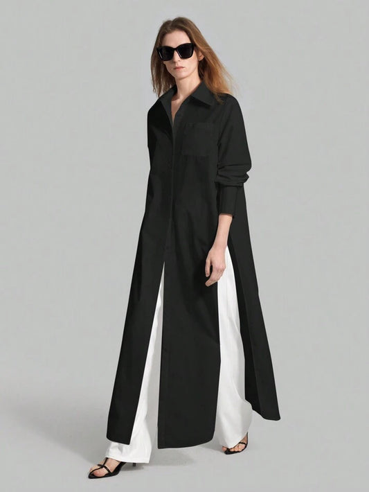 CM-TS855315 Women Casual Seoul Style Shirt Collar Long Sleeve Front Button High Slit Long Shirt - Black
