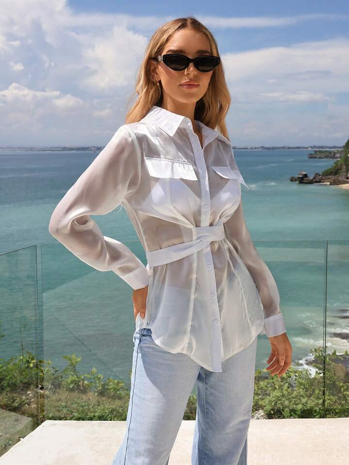CM-TS946669 Women Casual Seoul Style Collar Neckline Long Sleeve See-Through Shirt - White