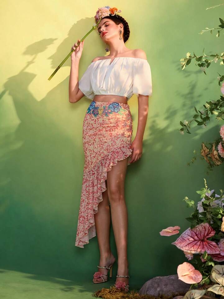 CM-BS223385 Women Casual Seoul Style Floral Print Colorblock Asymmetrical Ruffles Mesh Skirt