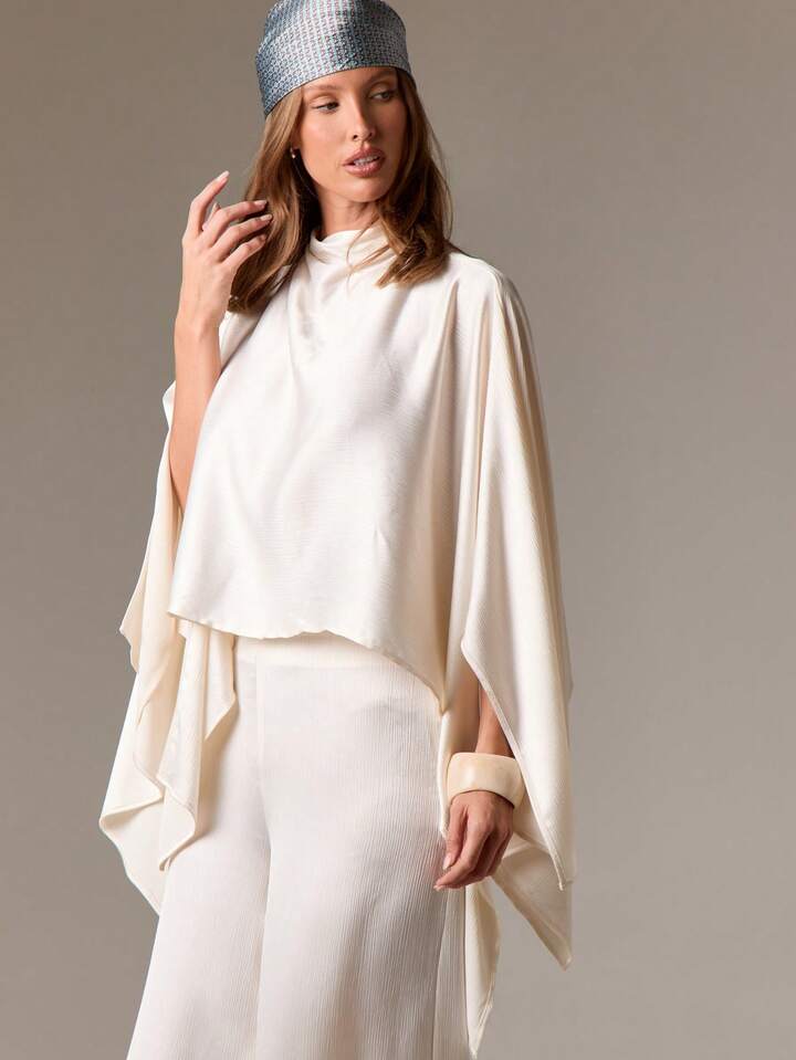 CM-TS999111 Women Elegant Seoul Style High Neck Draped Long Sleeve Flowing Chiffon Top Asymmetrical Hem Blouse