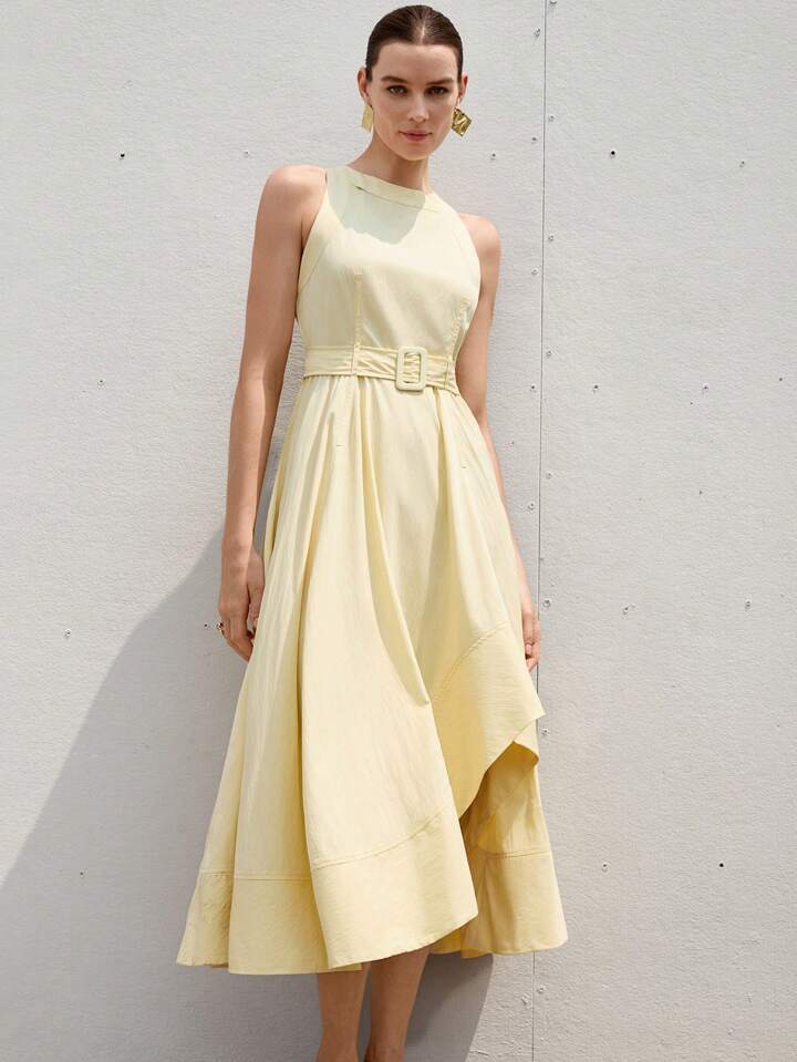CM-DS531672 Women Elegant Seoul Style Round Neck Cinched Waist Asymmetrical Flare Hem Sleeveless Dress